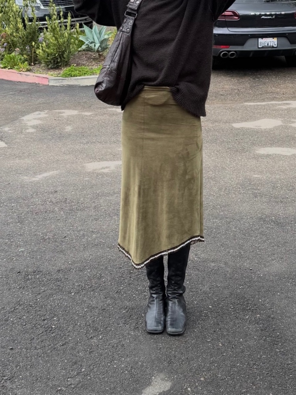Vintage Olive Green Suede Midi Skirt Size XS/S